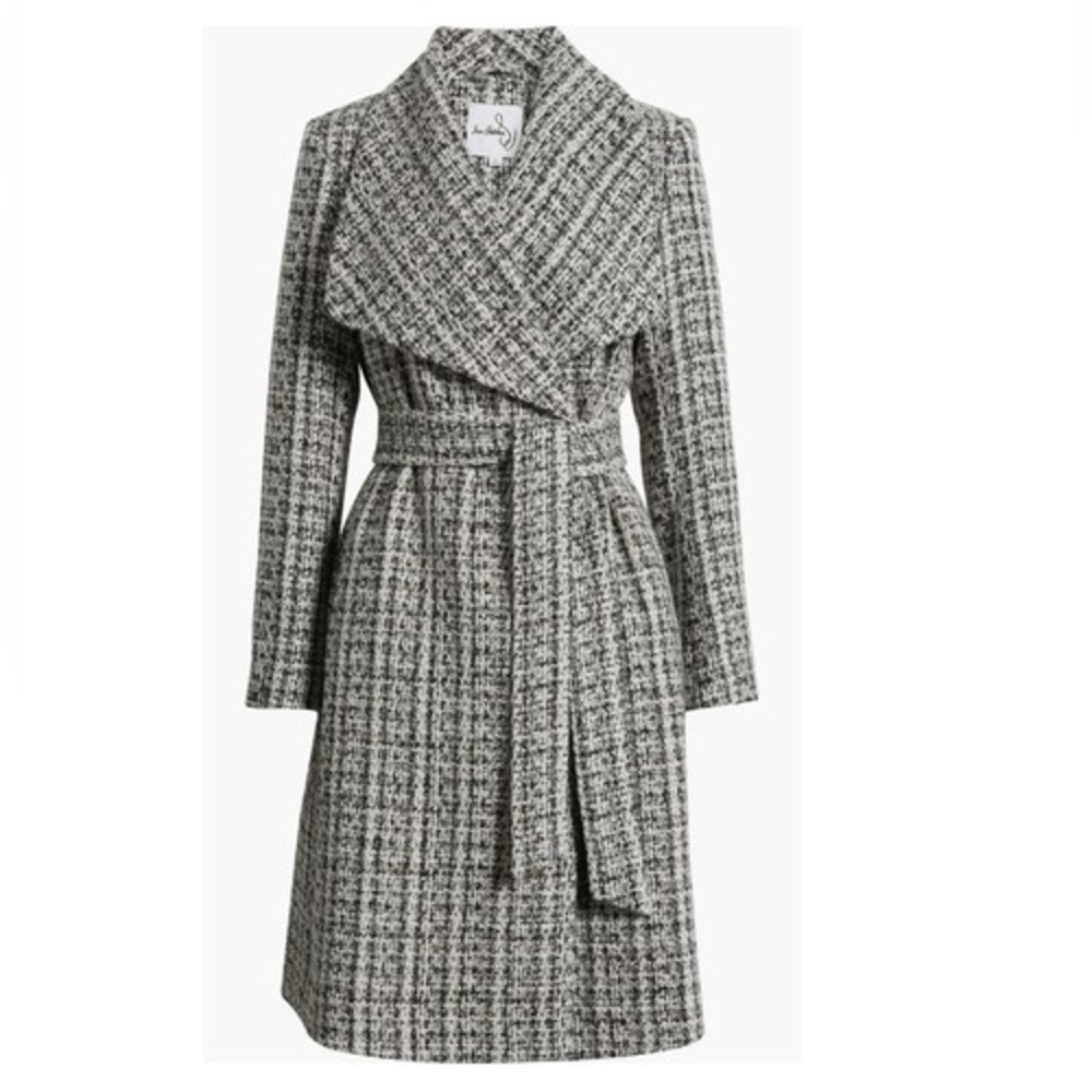 Sam Edelman Tweed Drape Lapel Wrap Coat, Natural Tweed, Black Gray Size 8, NWT - Picture 7 of 15